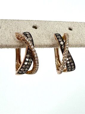 Vintage Levian Rose 14k Gold Crossover Hoop Earrings Champagne, White diamonds